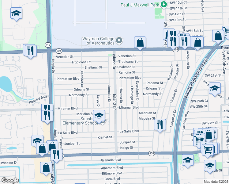 map of restaurants, bars, coffee shops, grocery stores, and more near 2311 Island Drive in Miramar