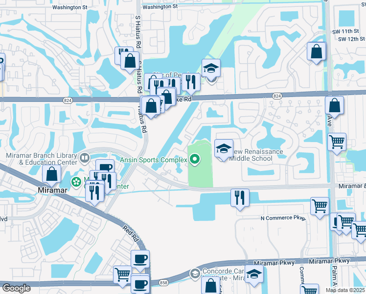 map of restaurants, bars, coffee shops, grocery stores, and more near 2160 East Preserve Way in Miramar
