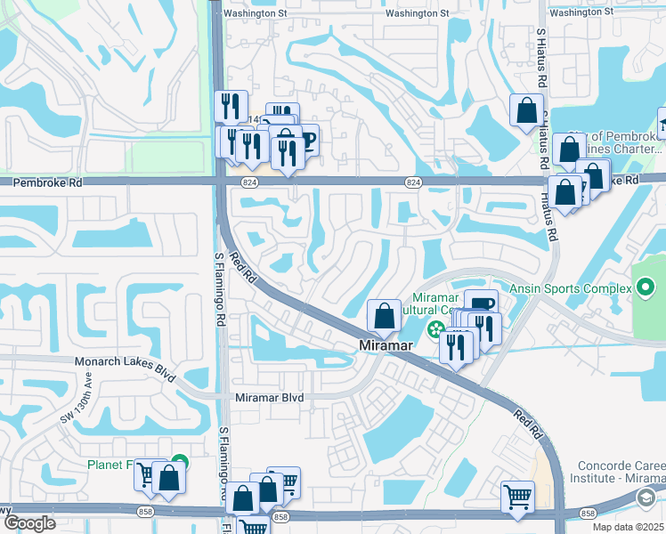 map of restaurants, bars, coffee shops, grocery stores, and more near 2133 Southwest 120th Avenue in Miramar
