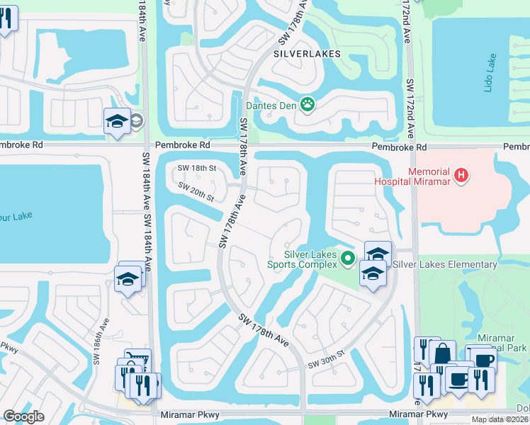 map of restaurants, bars, coffee shops, grocery stores, and more near 17678 Southwest 20th Street in Miramar