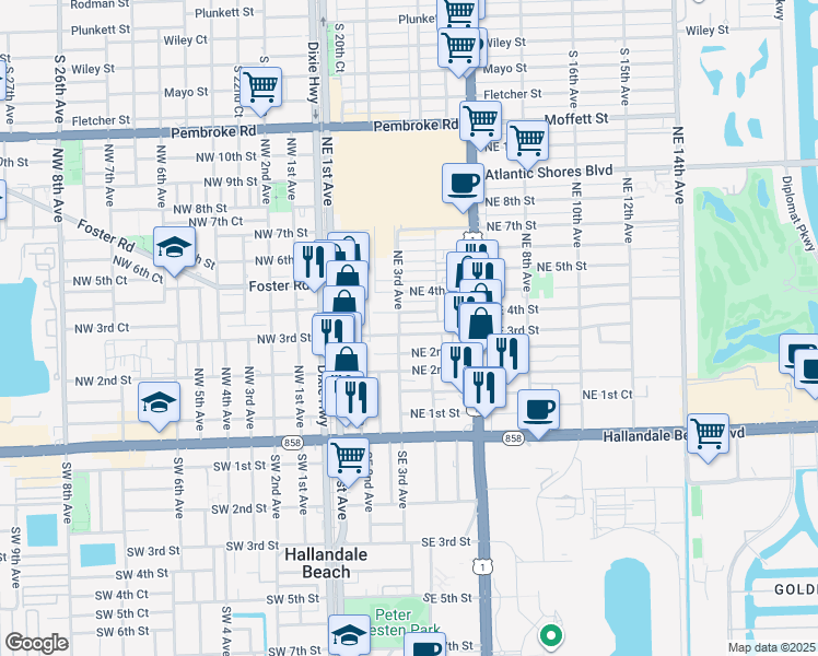 map of restaurants, bars, coffee shops, grocery stores, and more near 301 Northeast 3rd Street in Hallandale Beach