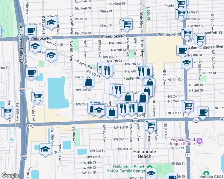 map of restaurants, bars, coffee shops, grocery stores, and more near 308 Northwest 5th Avenue in Hallandale Beach