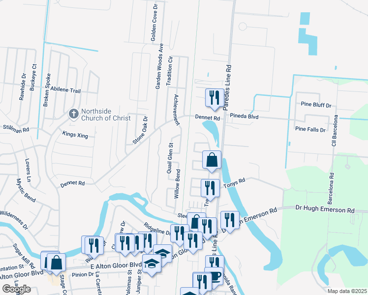 map of restaurants, bars, coffee shops, grocery stores, and more near 5484 Achievement in Brownsville