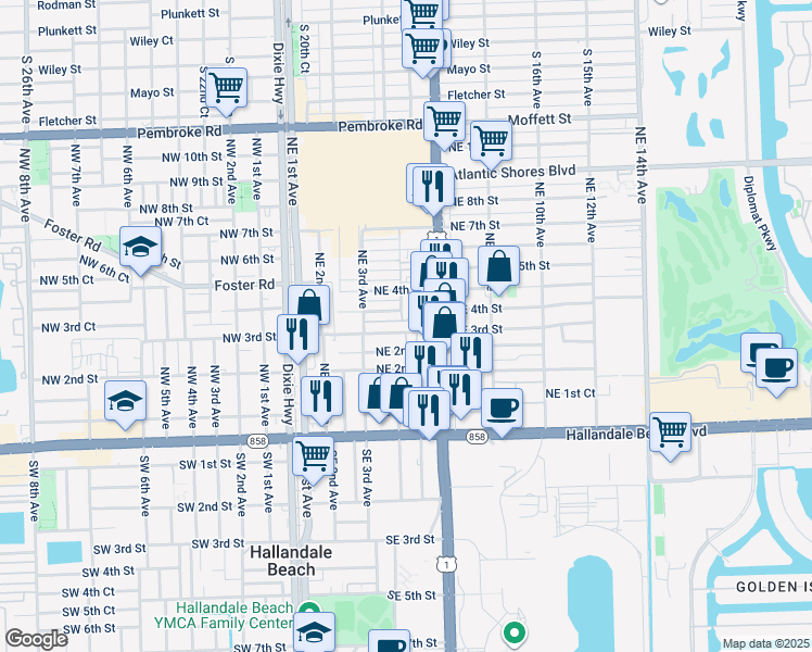 map of restaurants, bars, coffee shops, grocery stores, and more near 401 North Federal Highway in Hallandale Beach