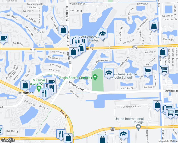 map of restaurants, bars, coffee shops, grocery stores, and more near 2160 East Preserve Way in Miramar