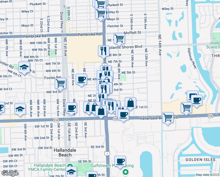 map of restaurants, bars, coffee shops, grocery stores, and more near 719 Northeast 2nd Court in Hallandale Beach
