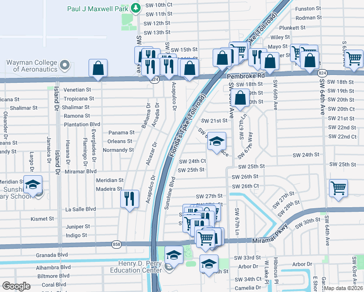 map of restaurants, bars, coffee shops, grocery stores, and more near 2411 Sunshine Boulevard in Miramar