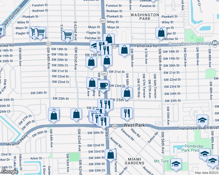 map of restaurants, bars, coffee shops, grocery stores, and more near 2317 South State Road 7 in West Park