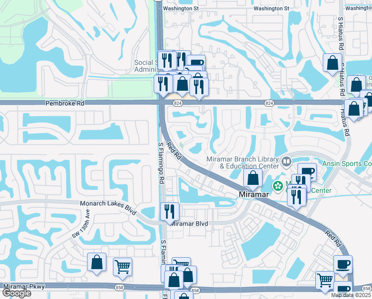 map of restaurants, bars, coffee shops, grocery stores, and more near 2474 Centergate Drive in Miramar