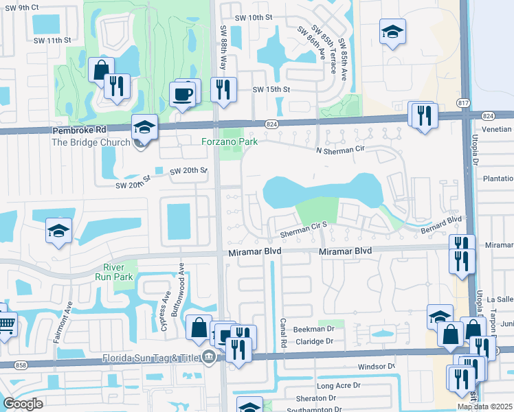 map of restaurants, bars, coffee shops, grocery stores, and more near 2262 Southwest 87th Terrace in Miramar