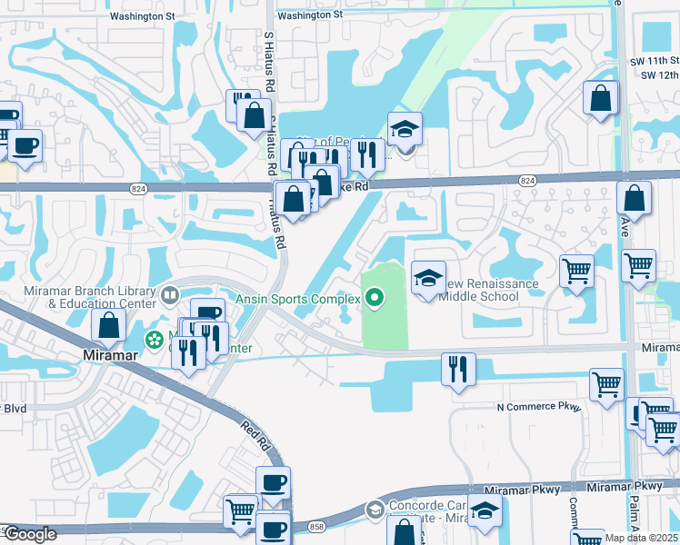 map of restaurants, bars, coffee shops, grocery stores, and more near 2160 East Preserve Way in Miramar