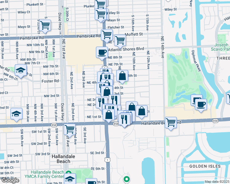 map of restaurants, bars, coffee shops, grocery stores, and more near 729 Northeast 2nd Court in Hallandale Beach