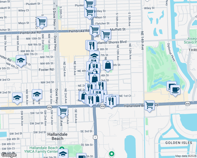 map of restaurants, bars, coffee shops, grocery stores, and more near 719 Northeast 2nd Court in Hallandale Beach