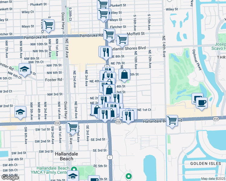 map of restaurants, bars, coffee shops, grocery stores, and more near 719 Northeast 2nd Court in Hallandale Beach