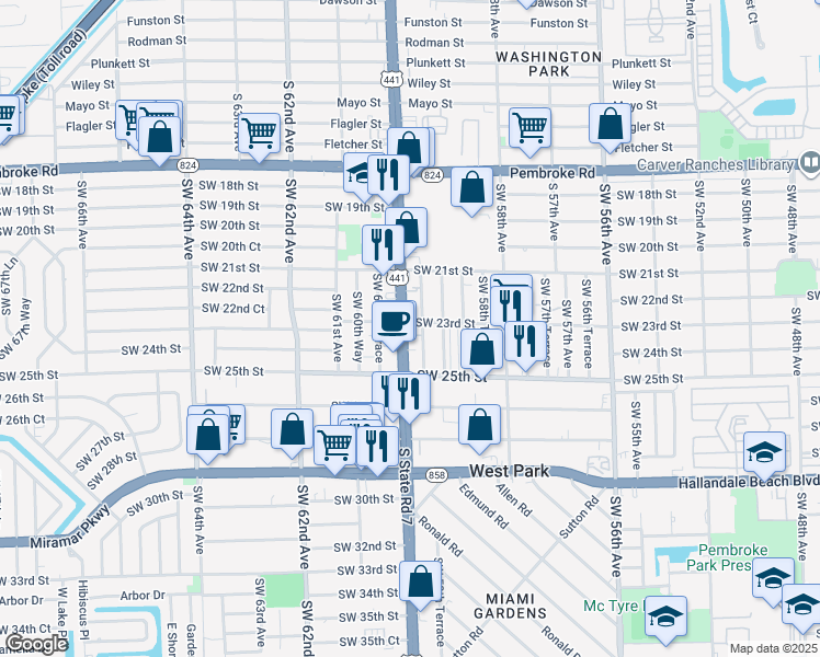 map of restaurants, bars, coffee shops, grocery stores, and more near 2317 South State Road 7 in West Park