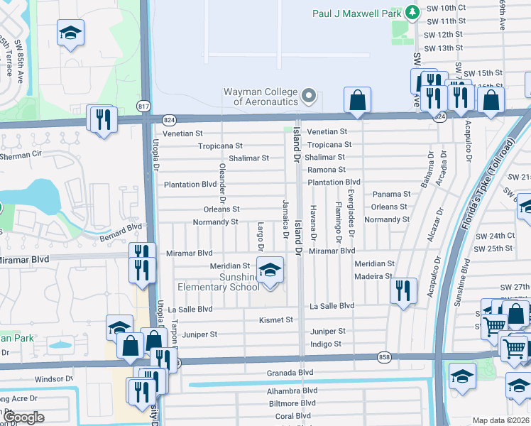 map of restaurants, bars, coffee shops, grocery stores, and more near 2310 Largo Drive in Miramar