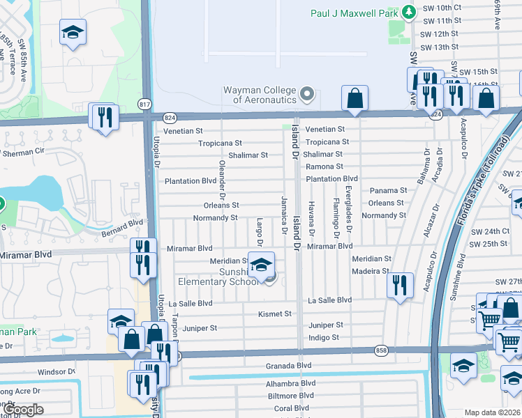 map of restaurants, bars, coffee shops, grocery stores, and more near 2310 Largo Drive in Miramar