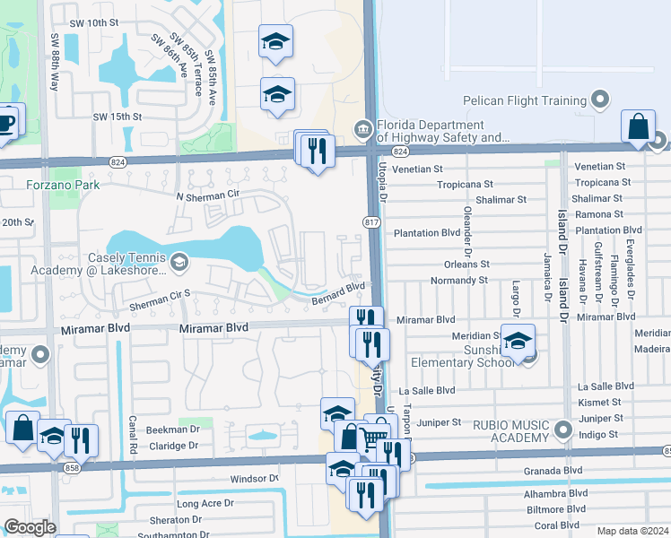 map of restaurants, bars, coffee shops, grocery stores, and more near 202 Sherman Circle Driveway in Miramar