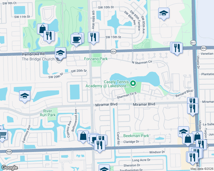 map of restaurants, bars, coffee shops, grocery stores, and more near 2262 Southwest 87th Terrace in Miramar