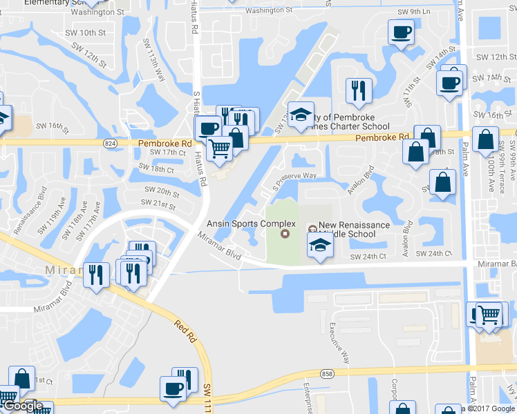map of restaurants, bars, coffee shops, grocery stores, and more near 2160 East Preserve Way in Miramar