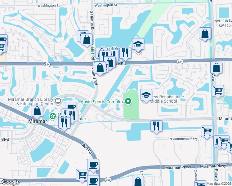 map of restaurants, bars, coffee shops, grocery stores, and more near 2160 East Preserve Way in Miramar