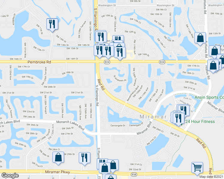 map of restaurants, bars, coffee shops, grocery stores, and more near 2474 Centergate Drive in Miramar