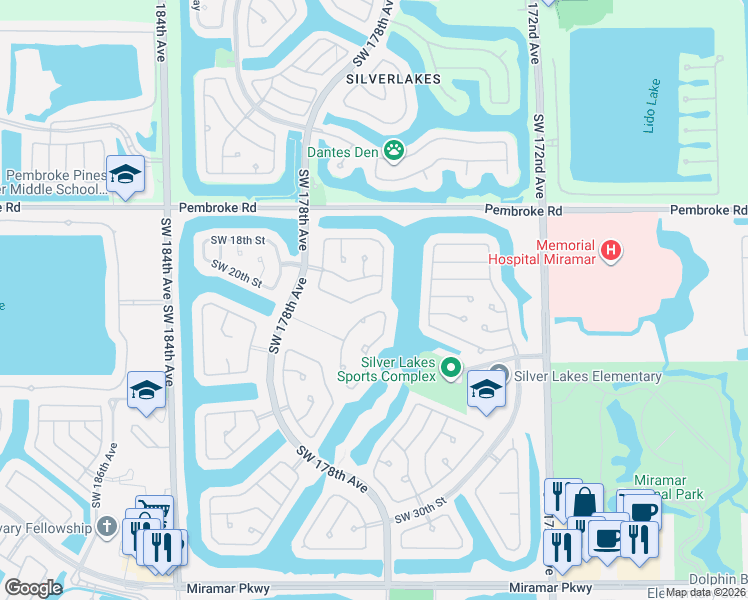 map of restaurants, bars, coffee shops, grocery stores, and more near 2037 Southwest 176th Terrace in Miramar
