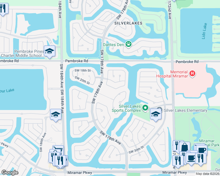 map of restaurants, bars, coffee shops, grocery stores, and more near 17678 Southwest 20th Street in Miramar