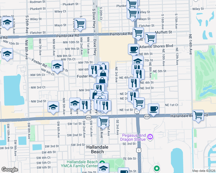 map of restaurants, bars, coffee shops, grocery stores, and more near 206 Northeast 3rd Street in Hallandale Beach