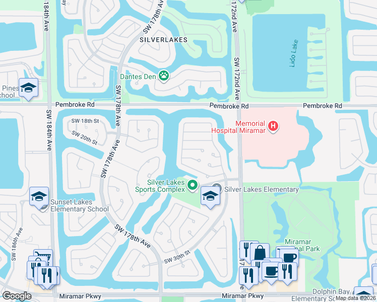 map of restaurants, bars, coffee shops, grocery stores, and more near 17462 Southwest 21st Court in Miramar