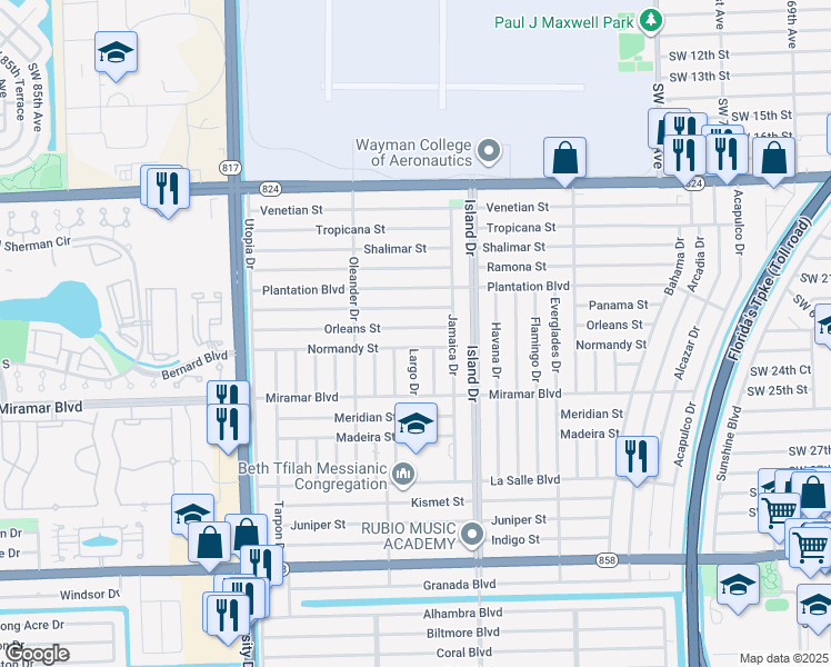 map of restaurants, bars, coffee shops, grocery stores, and more near 2310 Largo Drive in Miramar