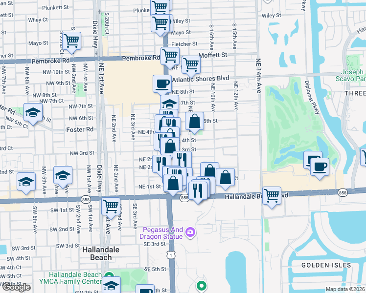 map of restaurants, bars, coffee shops, grocery stores, and more near 729 Northeast 2nd Court in Hallandale Beach
