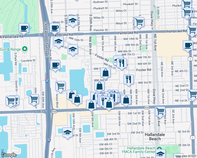 map of restaurants, bars, coffee shops, grocery stores, and more near 705 Northwest 3rd Court in Hallandale Beach
