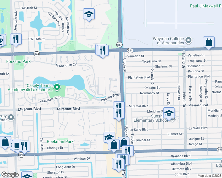 map of restaurants, bars, coffee shops, grocery stores, and more near 2310 Southwest 80th Terrace in Miramar