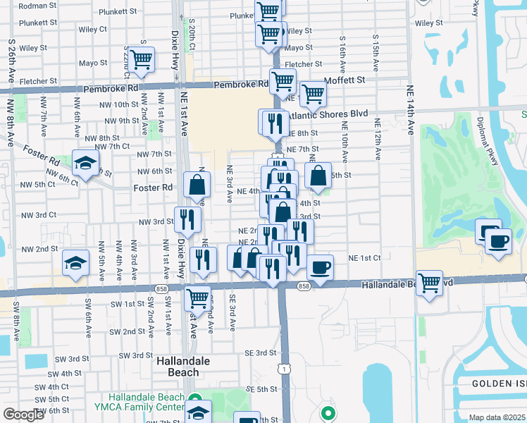 map of restaurants, bars, coffee shops, grocery stores, and more near 401 North Federal Highway in Hallandale Beach