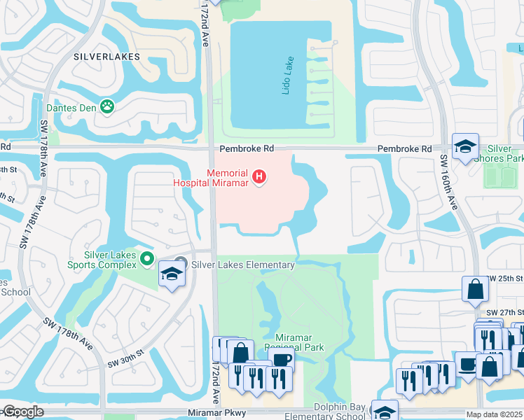 map of restaurants, bars, coffee shops, grocery stores, and more near 1971 Southwest 172nd Avenue in Miramar