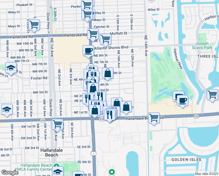 map of restaurants, bars, coffee shops, grocery stores, and more near 729 Northeast 2nd Court in Hallandale Beach
