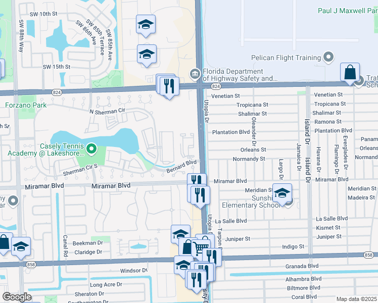 map of restaurants, bars, coffee shops, grocery stores, and more near 2310 Southwest 80th Terrace in Miramar