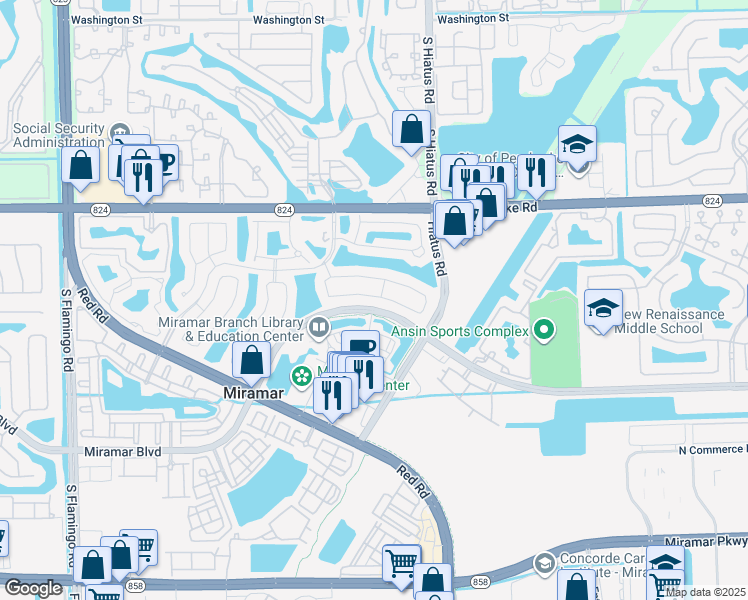 map of restaurants, bars, coffee shops, grocery stores, and more near 11330 Southwest 21st Street in Miramar