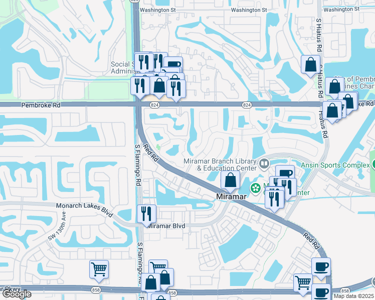 map of restaurants, bars, coffee shops, grocery stores, and more near 2011 Renaissance Boulevard in Miramar