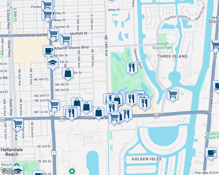 map of restaurants, bars, coffee shops, grocery stores, and more near 512 Northeast 14th Avenue in Hallandale Beach