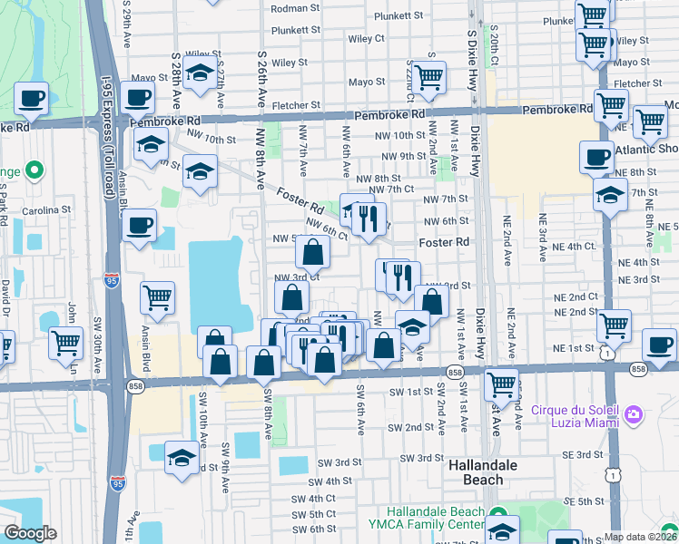 map of restaurants, bars, coffee shops, grocery stores, and more near 629 Northwest 3rd Court in Hallandale Beach