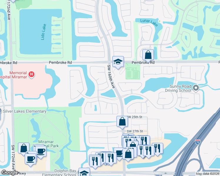 map of restaurants, bars, coffee shops, grocery stores, and more near 16250 Southwest 21st Street in Miramar