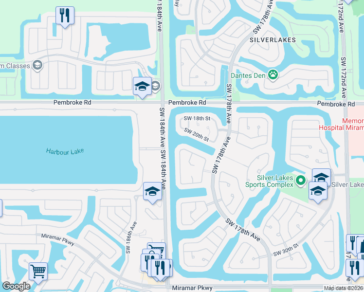 map of restaurants, bars, coffee shops, grocery stores, and more near 2226 Southwest 183rd Terrace in Miramar
