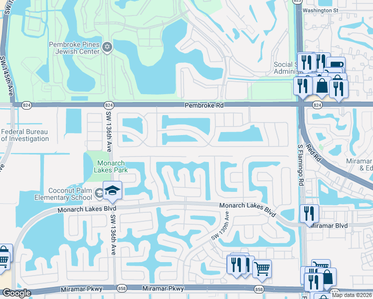 map of restaurants, bars, coffee shops, grocery stores, and more near 13148 Southwest 21st Street in Miramar