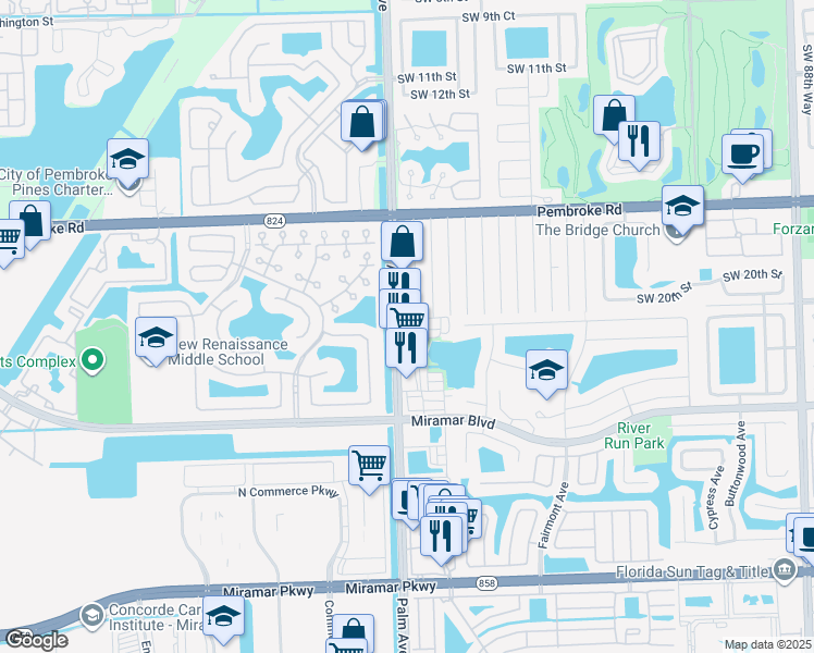 map of restaurants, bars, coffee shops, grocery stores, and more near 2010 Southwest 100th Terrace in Miramar
