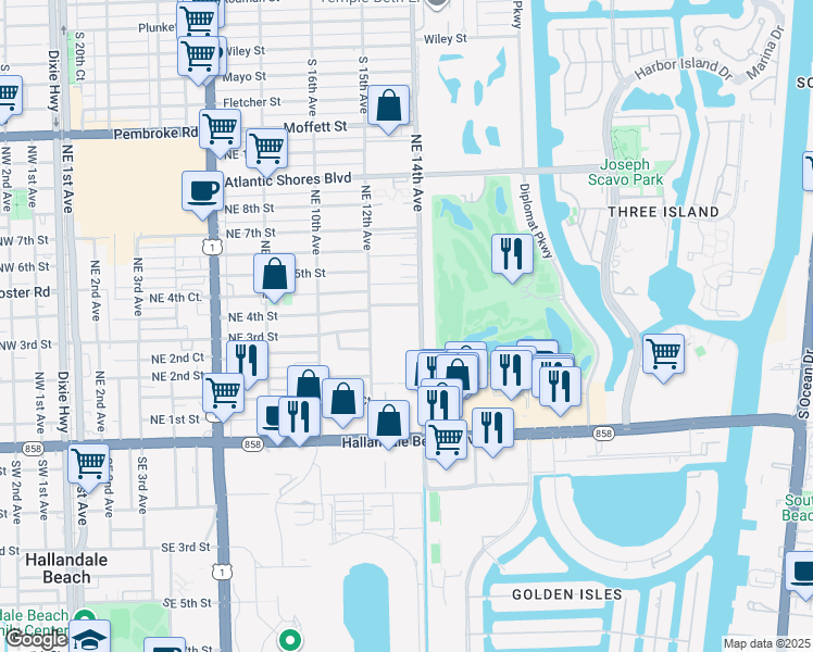 map of restaurants, bars, coffee shops, grocery stores, and more near 400 Northeast 4th Street in Hallandale Beach