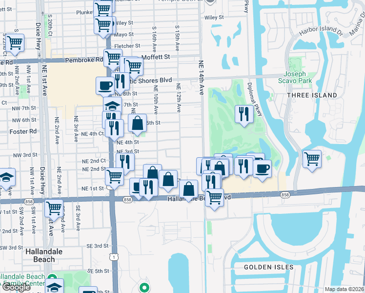 map of restaurants, bars, coffee shops, grocery stores, and more near 320 Northeast 4th Street in Hallandale Beach