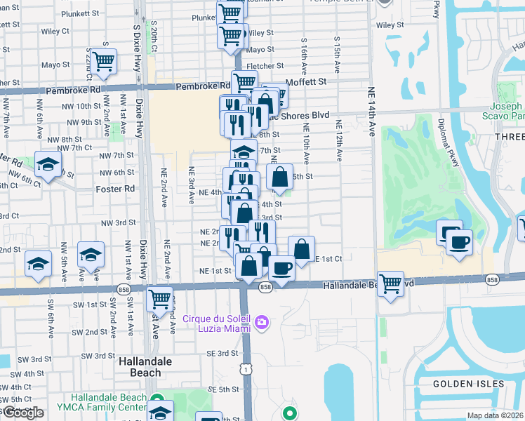 map of restaurants, bars, coffee shops, grocery stores, and more near 801 Northeast 4th Street in Hallandale Beach