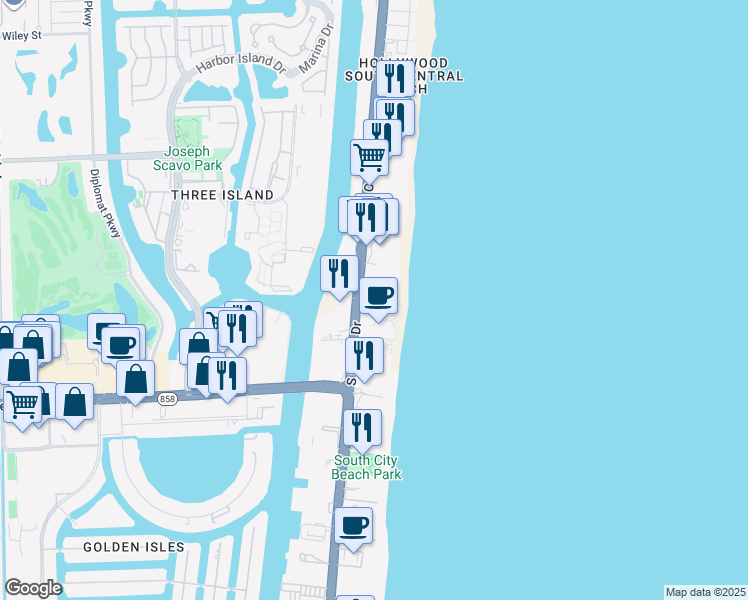 map of restaurants, bars, coffee shops, grocery stores, and more near 3555 South Ocean Drive in Hollywood